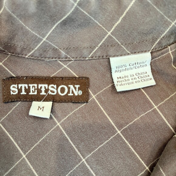 Stetson Brown White Windowpane Western Shirt Button Front Two Pocket Medium - Picture 6 of 7